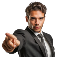 A young businessman in a sharp suit confidently pointing forward with his forefinger on a transparent background. png