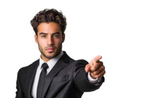 A young businessman in a sharp suit confidently pointing forward with his forefinger on a transparent background. png