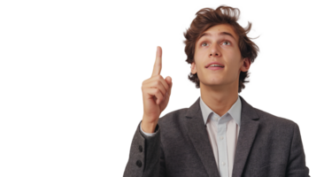 A young businessman pointing upward with his forefinger as if presenting a new idea on a transparent background. png