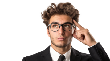 A young businessman pointing to his temple with his forefinger, indicating deep thought and decision-making on a transparent background. png