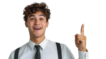 A young businessman pointing upward with his forefinger as if presenting a new idea on a transparent background. png
