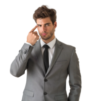A young businessman pointing to his temple with his forefinger, indicating deep thought and decision-making on a transparent background. png
