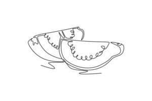Single continuous line drawing half sliced healthy organic java guava for orchard logo identity. Fresh tropical fruit concept for garden icon. Dynamic one line draw graphic design illustration vector