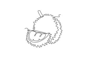 Single one line drawing whole and segment sliced healthy organic durian for orchard logo identity. Fresh tropical fruit concept for garden icon. Continuous line draw design graphic illustration vector