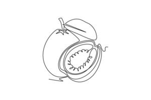 Single continuous line drawing whole and half sliced healthy organic java guava for orchard logo identity. Fresh fruit concept for garden icon. Dynamic one line draw graphic design illustration vector