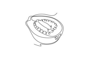 Single continuous line drawing half sliced healthy organic java guava for orchard logo identity. Fresh tropical fruit concept for garden icon. Dynamic one line draw graphic design illustration vector
