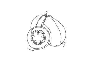 Single continuous line drawing whole and half sliced healthy organic java guava for orchard logo identity. Fresh fruit concept for garden icon. Dynamic one line draw graphic design illustration vector