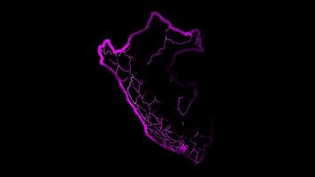 Neon frame effect map of Peru, glow, black background. video