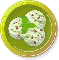 Mint green ice cream balls with chocolate chips and leaves. Cold summer dessert in a plate, isolated on a white background, top view. Food illustration for cafe, menu, design elements vector