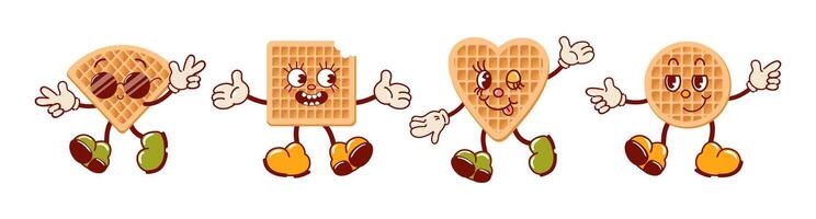 Set of Viennese waffles, cute retro cartoon characters. Delicious soft sweets. Groovy, vintage. Trendy old style. Smiling, winking, cool in sunglasses, joyful, cunning. For menu, cafe, stickers vector