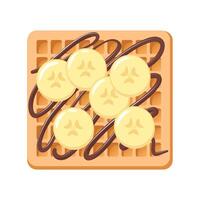 Square Viennese waffle with banana pieces and chocolate topping. Healthy breakfast. Delicious soft sweets, realistic isolated food illustration. For menu, cafe, stickers, design elements. vector