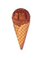Chocolate ice cream in a waffle cone with fruit topping and colorful Rainbow Sprinkles. Summer cold dessert. Delicious crispy soft sweets, realistic food illustration. vector