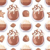 Glasses of coffee and cocoa, chocolates. food illustration in realistic style. Seamless pattern for menu, cafe, wrapping paper, product design, wallpaper. Coffee shop, drink, beverage concept. vector