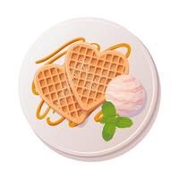 Viennese waffles in the shape of a heart with a scoop of fruit ice cream, a mint leaf and caramel topping. Healthy breakfast. Delicious soft sweets. For menu, cafe, stickers, design elements. vector