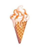 Creamy vanilla ice cream in a waffle cone with caramel or fruit topping. Summer cold dessert. Delicious crispy soft sweets, realistic food illustration. For menu, cafe, stickers, design elements. vector