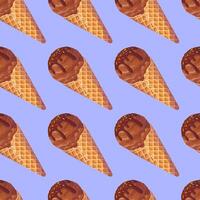 Chocolate ice cream in a waffle cone with topping and colorful Rainbow Sprinkles. Seamless pattern. Summer cold dessert. Delicious sweets, realistic food illustration. vector