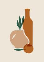 Aesthetic minimalist poster with leaf in vase. Interior design illustration with jar and blobs boho printable art vector