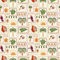 Tropical patchwork seamless pattern. Summer palm tree, bananas, leaves, toucan bird, fruit in square frame. Cute exotic print, hawaii background, wallpaper, floral geometric elements, checkered vector