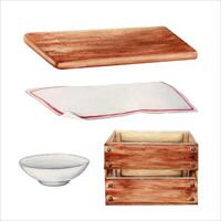 Cutting board, table cloth, wooden crate and a ceramic bowl. Empty food containers design element selection. Hand drawn watercolor illustration isolated on white background. For picnic or catering vector