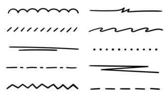 A set of underlines, strikethrough, dividers, partitions, borders drawn by hand with a marker. Straight, wavy, dotted free lines on a white background. set of highlighters for text decoration vector