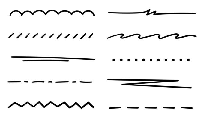 A set of underlines, strikethrough, dividers, partitions, borders drawn by hand with a marker. Straight, wavy, dotted free lines on a white background. set of highlighters for text decoration