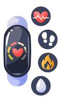 Illustration of a fitness tracker surrounded by icons monitoring heart rate, steps, calories and hydration level. Smart watch bracelet for measuring heart rate. Sports accessory for training vector