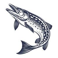 Pike fish. River pike predator in monochrome vintage style in jump dynamic pose for fishing emblem and label. isolated logo retro illustration. vector