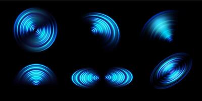 Sonar sound wave. Round light neon effect waves, concentric circle signal of radio station, Wi Fi sensor. Blue water ripple set vector