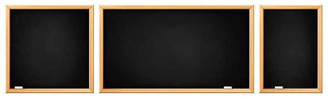 School blackboards. Black board with wooden frame, rectangular and square chalkboard. Blackboards with white chalk dirty texture. Classroom, restaurant menu board template. vector