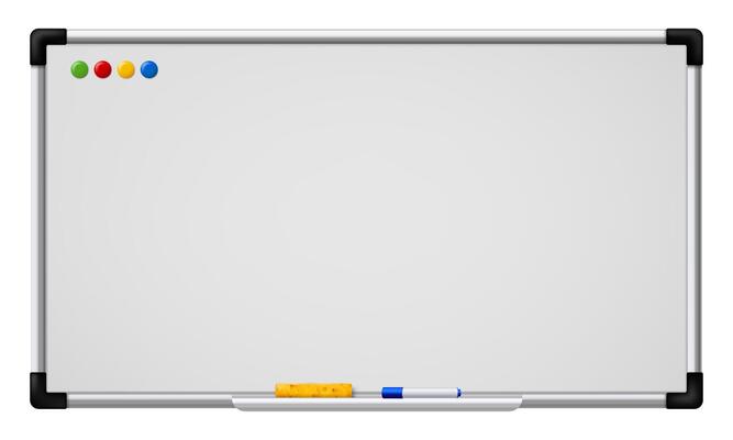 Whiteboard. 3d realistic school business office demonstration white board with round magnets, marker pen and sponge. Blank empty magnetic board mockup.