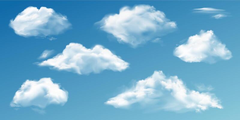 White clouds. Realistic 3d semi transparent cloud in blue sky. Summer rain clouds isolated set