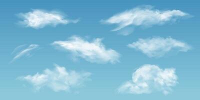 Realistic clouds. White 3d summer cloud in various shapes on blue sky background. Vapor rainclouds, noon mist clouding isolated set. vector