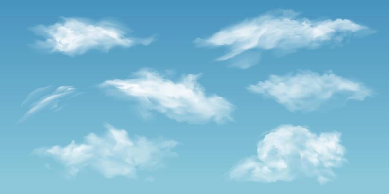 Realistic clouds. White 3d summer cloud in various shapes on blue sky background. Vapor rainclouds, noon mist clouding isolated set.