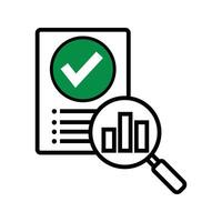 Document with checkmark and magnifying glass, financial data report and analysis icon vector