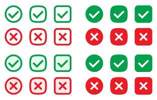 Right or wrong icons. Green tick and red cross checkmarks. Yes or no symbol, approved or rejected icon for user interface. vector