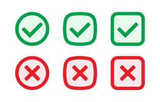 Green tick and red cross checkmarks. Yes or no symbol, approved or rejected icon. Right or wrong icons. vector