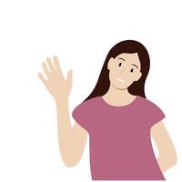 Portrait of a girl who raised her hand in greeting, isolate on white, simple illustration, flat style, minimalism vector