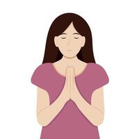 Portrait of a girl with folded hands in prayer, isolate on white, simple illustration, flat style, minimalism vector