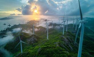A large number of wind turbines are spread across a mountain range photo