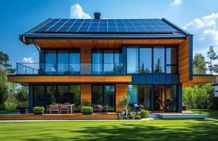 A large house with a lot of windows and a solar panel on the roof photo