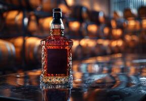 A bottle of liquor sits on a table in front of a row of barrels photo