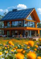 A large house with a lot of windows and a solar panel on the roof photo
