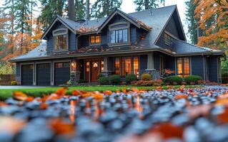 A large house with a black roof and a driveway covered in leaves photo