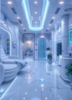 A futuristic white room with blue lights and a white couch photo