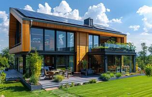 A large house with a lot of windows and a green roof photo
