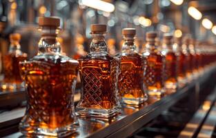 A row of liquor bottles are lined up on a conveyor belt photo