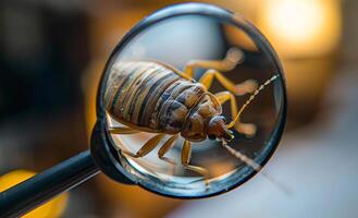 Cockroach is seen through magnifying glass in this stock photo. photo