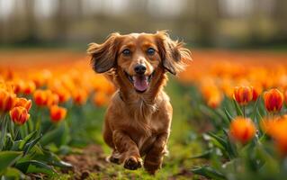 Dachshund running in field of tulips. A cute dachshund puppy running through a tulip field photo