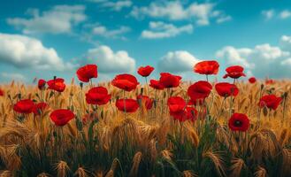 rojo amapolas en el campo de trigo. un rojo amapolas en el medio de un campo con dorado trigo foto
