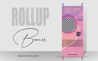 Explore and travel the world with a rollup banner design template. Travel Agency Poll-Up Banner. Roll-Up Banner Stand Template Design. vector